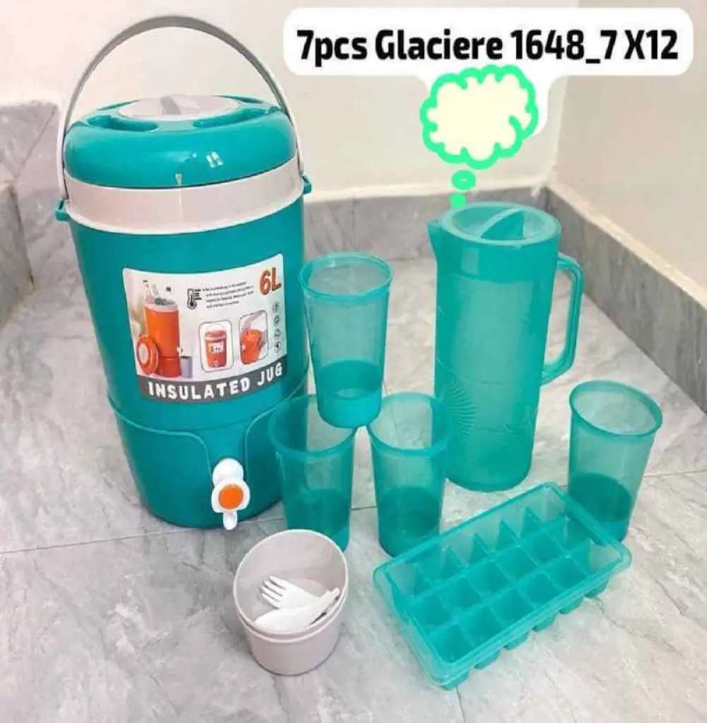 Pichet Isotherme 6L avec pichet et tasses avec bac à glaçon 7pièces