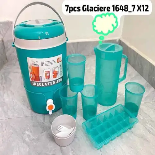 Pichet Isotherme 6L avec pichet et tasses avec bac à glaçon 7pièces