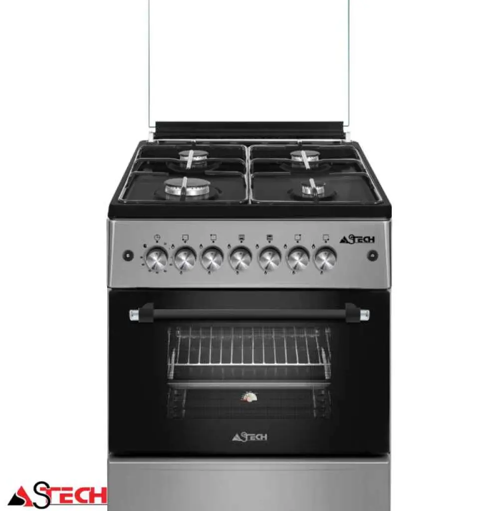 Cuisinière à gaz 4 feux, toune broche allumage avec grille 60/60 ASTECH CK62MSFRM CUIAST6062CS