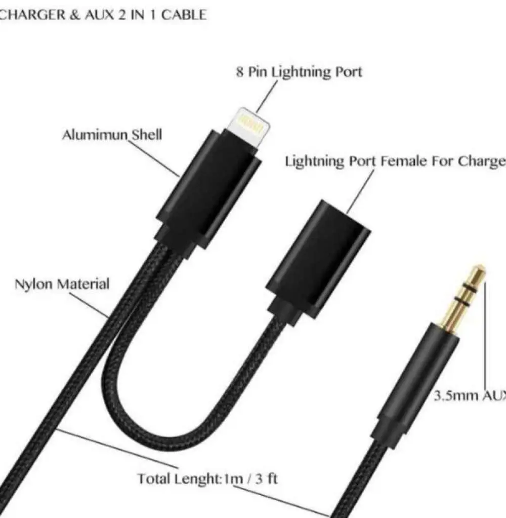 Adaptateur iOS&ANDROID 2 IN 1 AUX AUDIO CABLE JBC030-B / CABLE JACK+IPHONE+JACK