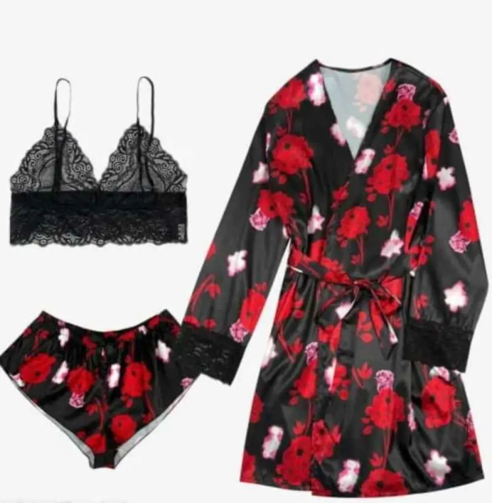 Ensemble de Lingerie Élégante en Dentelle et Peignoir Floral