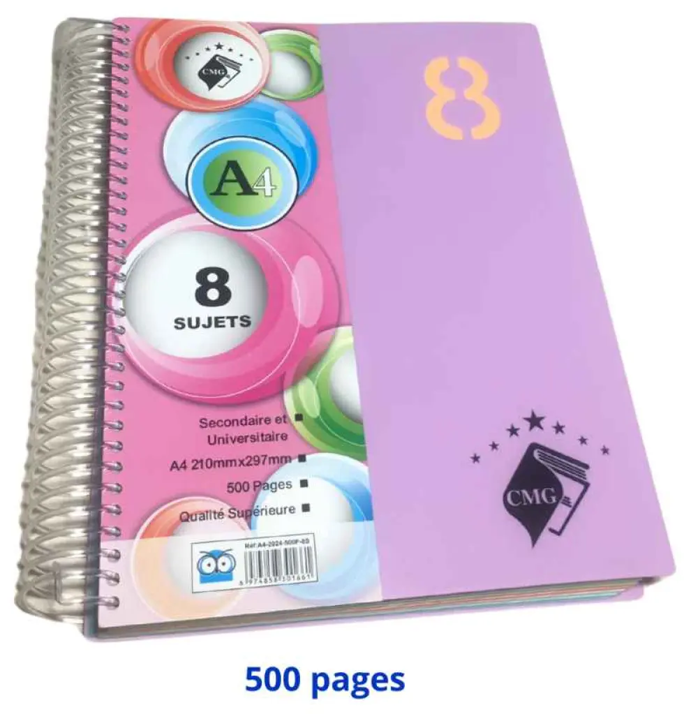Cahier spirale 8 matières format A4 210mmx297mm 500 pages