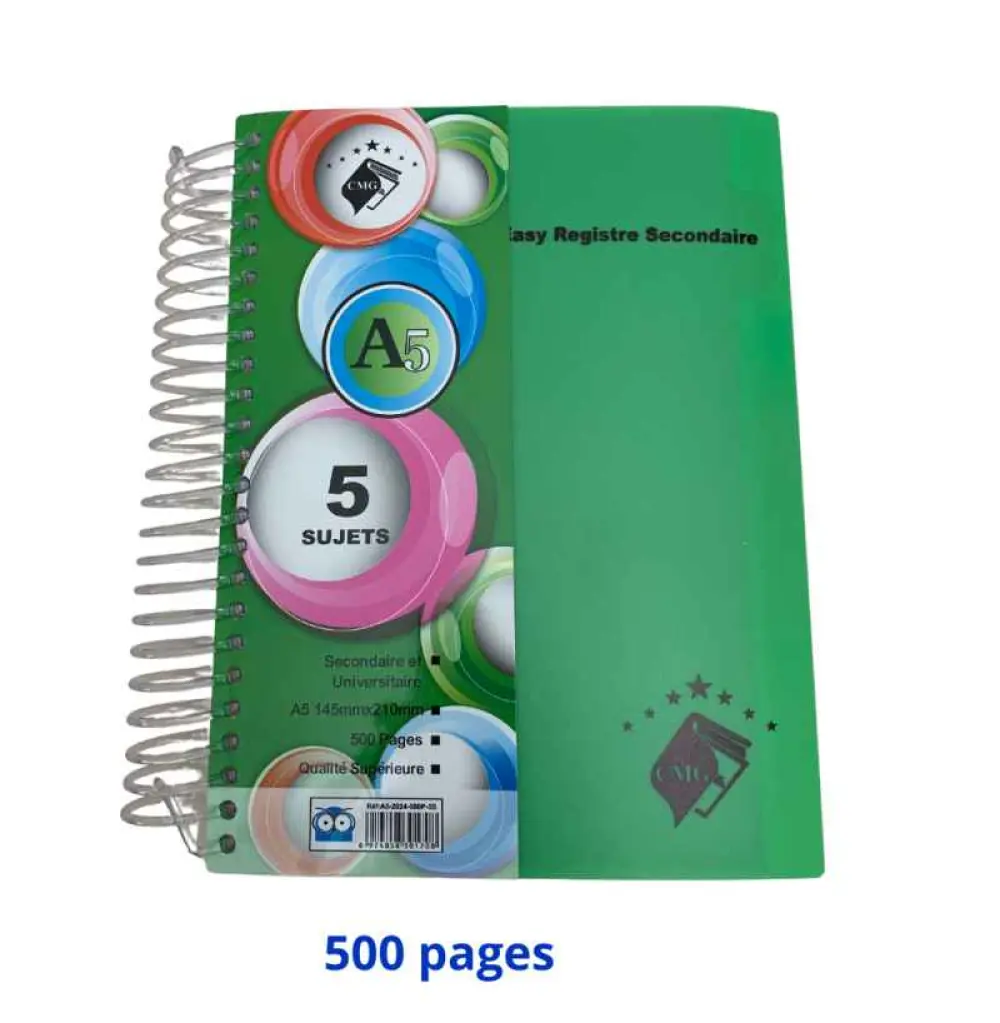 Cahier spirale 5 matières format A5 145mmx210mm 500 pages