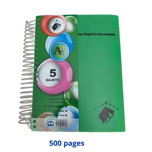 Cahier spirale 5 matières format A5 145mmx210mm 500 pages