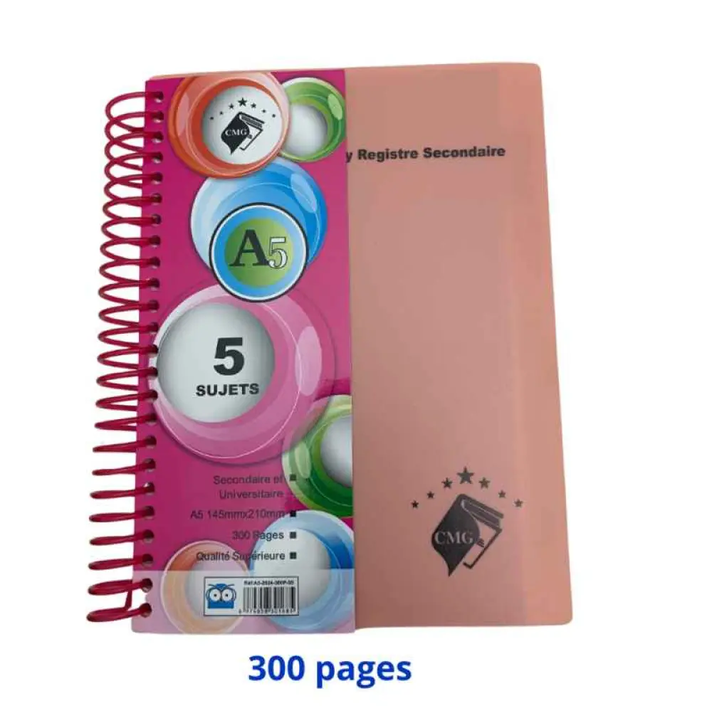 Cahier spirale 5 matières format A5 145mmx210mm 300 pages