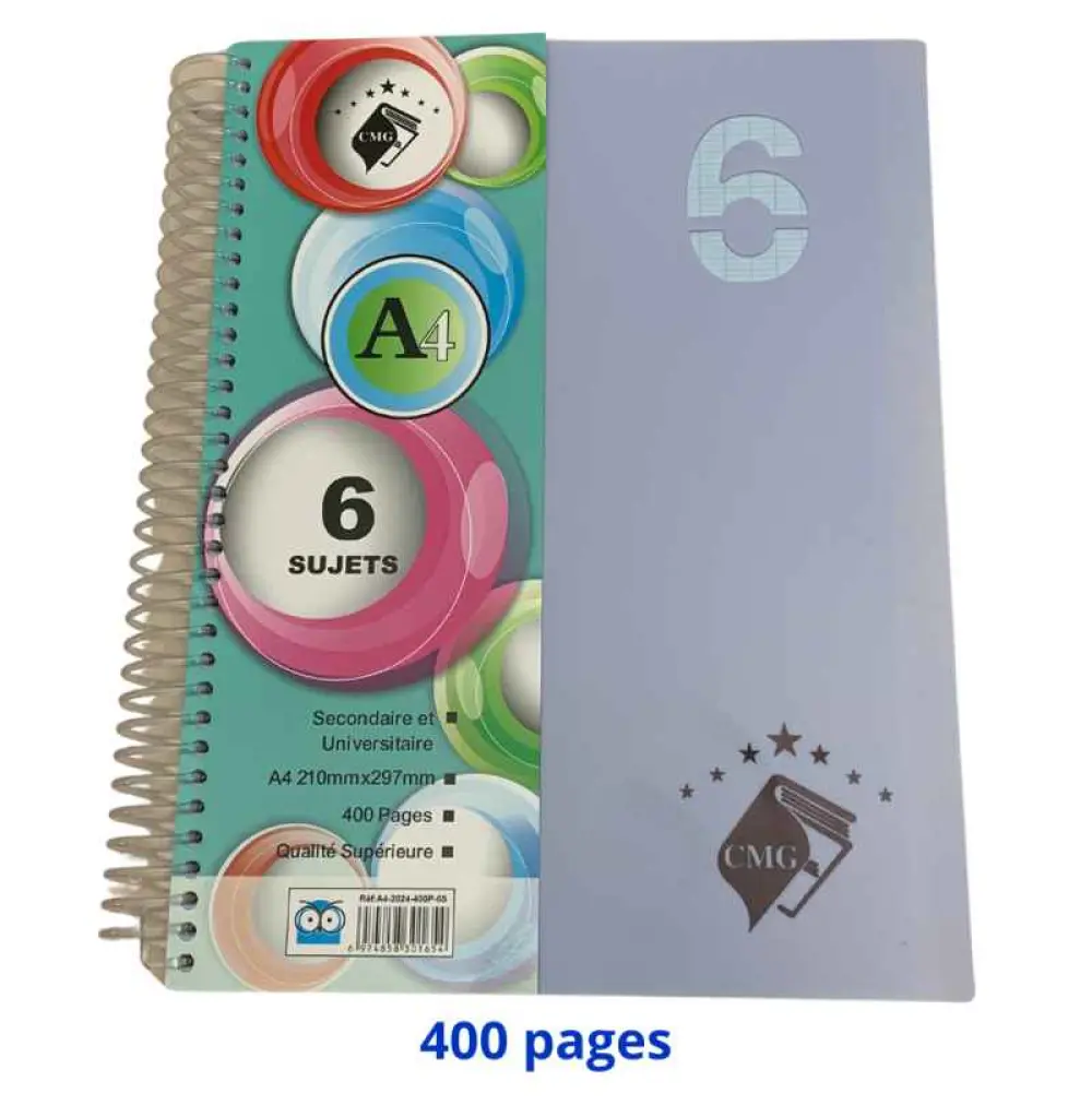 Cahier spirale 6 matières format A4 210mmx297mm 400 pages