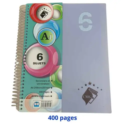 Cahier spirale 6 matières format A4 210mmx297mm 400 pages