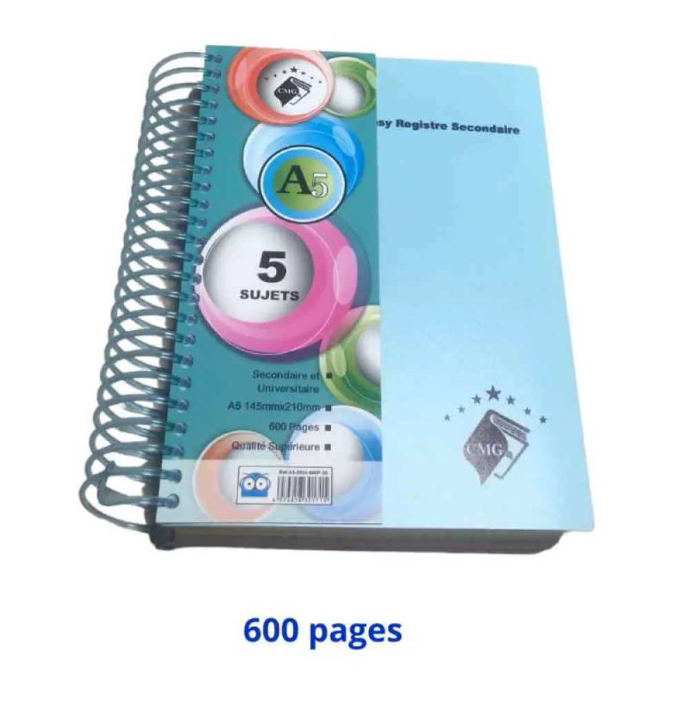 Cahier spirale 5 matières format A5 145mmx210mm 600 pages
