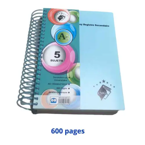 Cahier spirale 5 matières format A5 145mmx210mm 600 pages