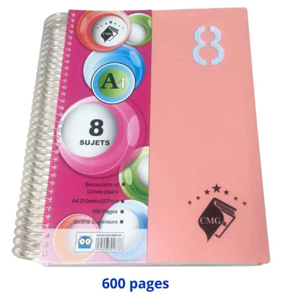Cahier spirale 8 matières format A4 210mmx297mm 600 pages