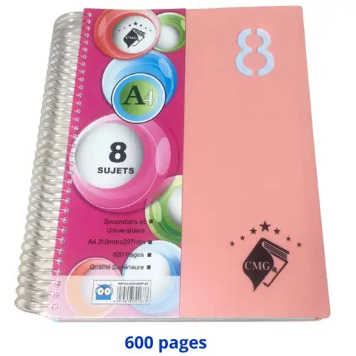 Cahier spirale 8 matières format A4 210mmx297mm 600 pages