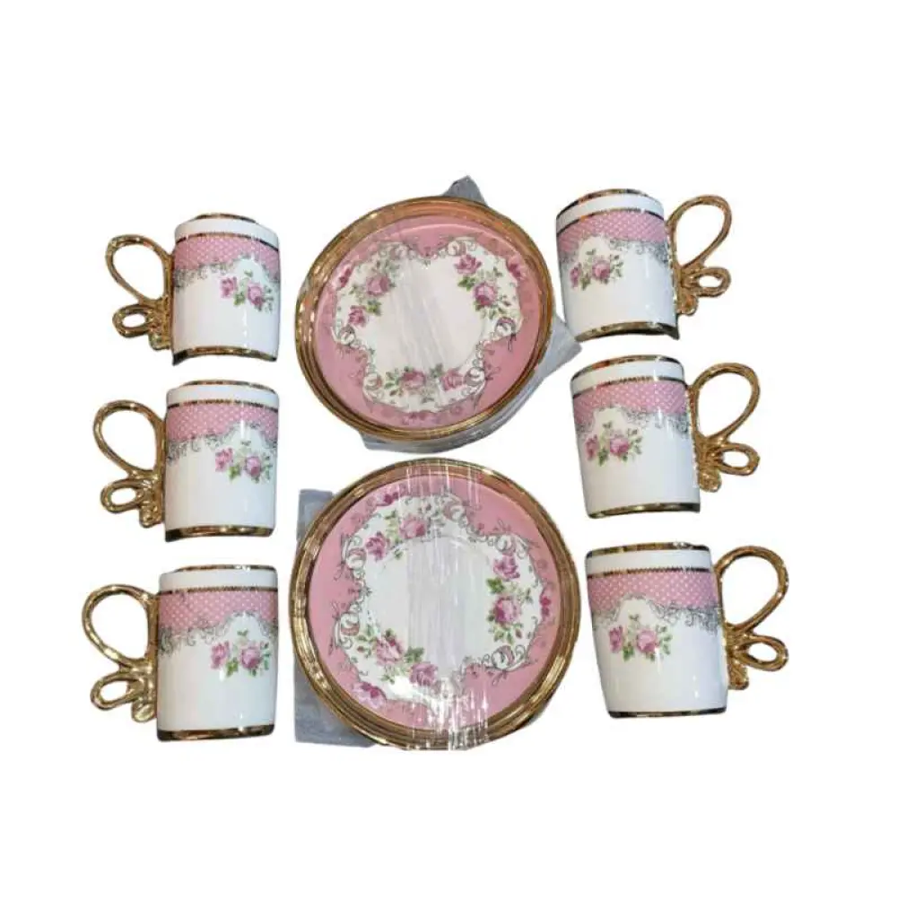 Ensemble de 6 tasses et sous tasses, Service décoratif. 12 PCS , rose - blanc