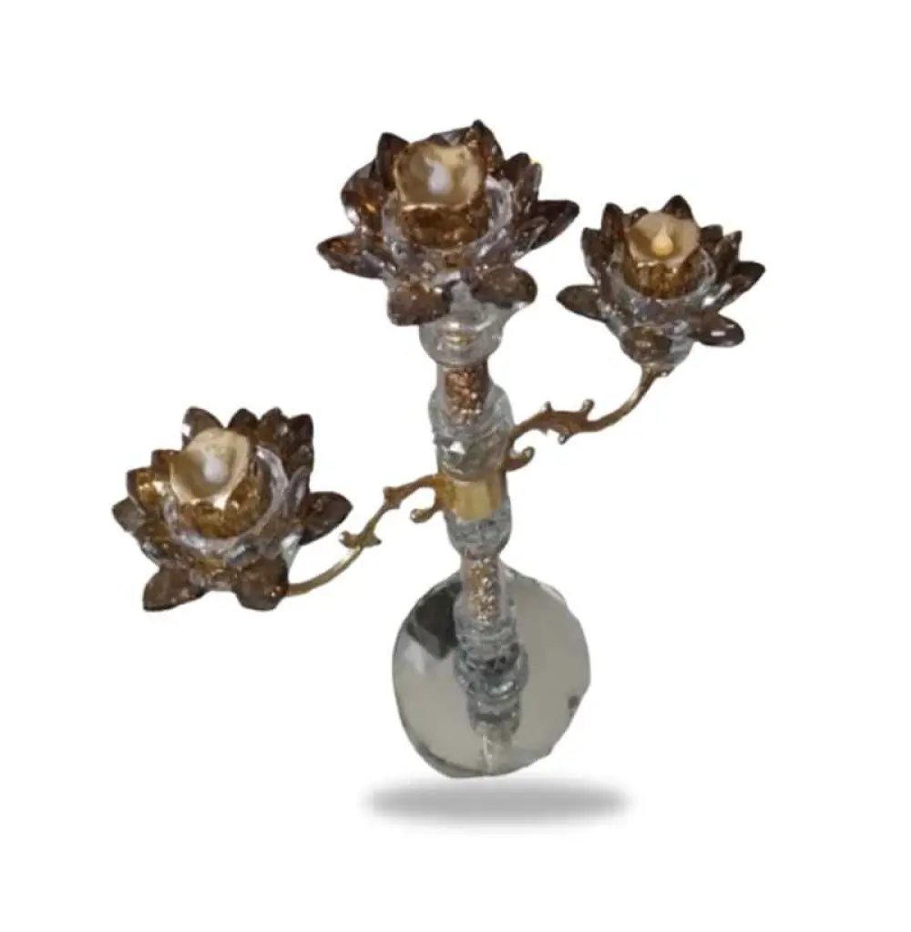 Porte bougie, Bougeoir en Crystal doré et clair verre 3 lotus
