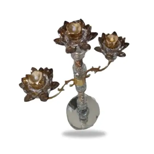 Porte bougie, Bougeoir en Crystal doré et clair verre 3 lotus