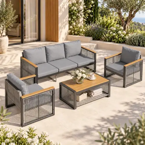SALON DE JARDIN 7PLACES EN METAL GRIS